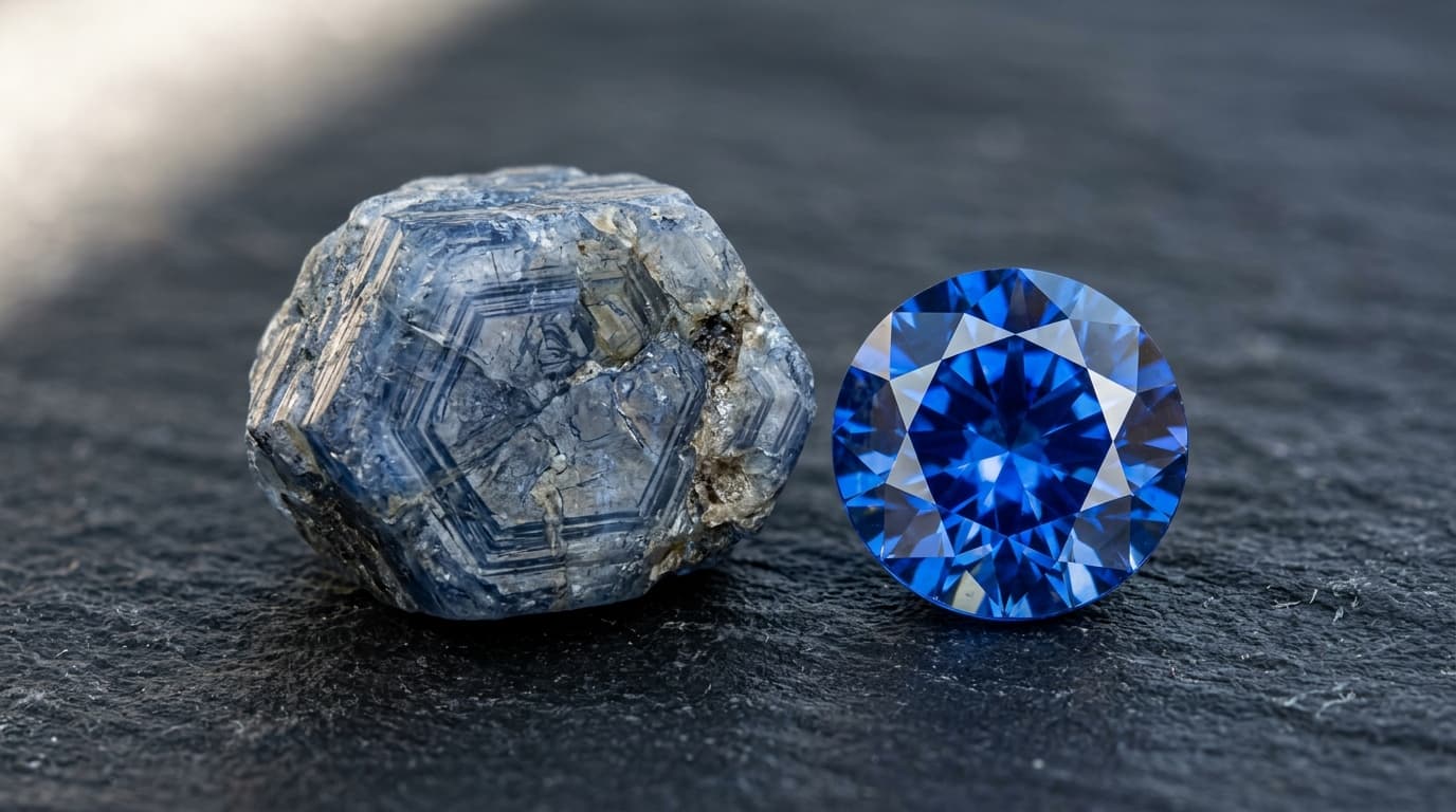 Rough sapphire material beside a polished blue sapphire